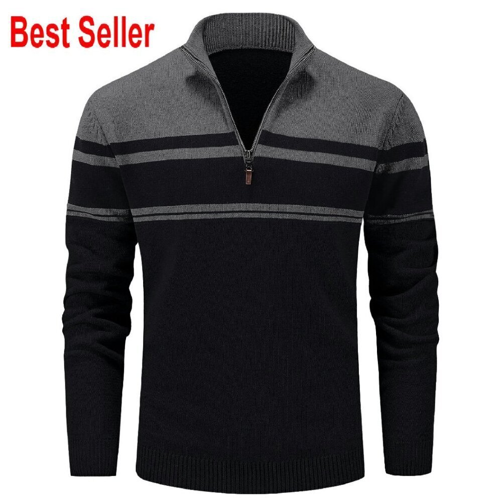 Men's Cotton Quarter Zip Pullover Sweater Classic Preppy Striped Mock Neck